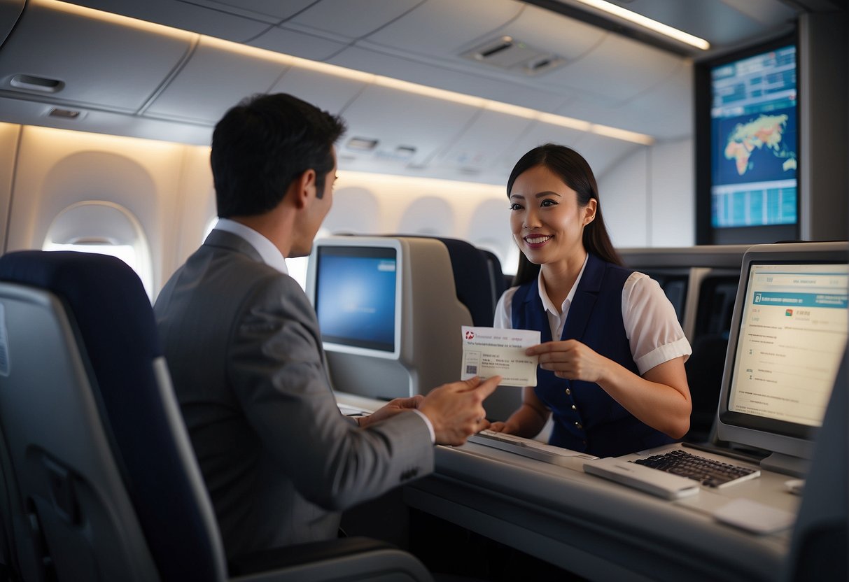 A customer service representative assists a traveler with booking a Japan Airlines international flight