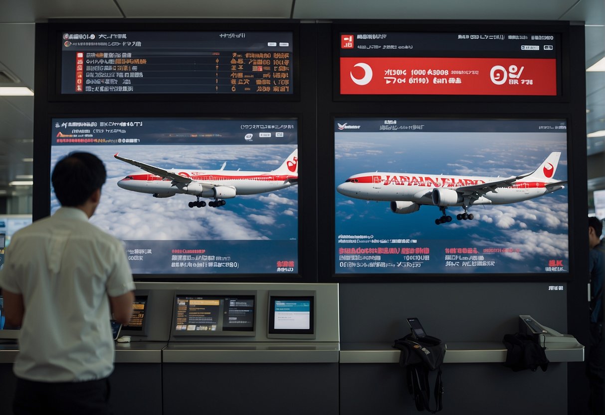 Passengers booking Japan Airlines international flights online. Screens show flight options, prices, and seat availability. Staff assist customers at the counter