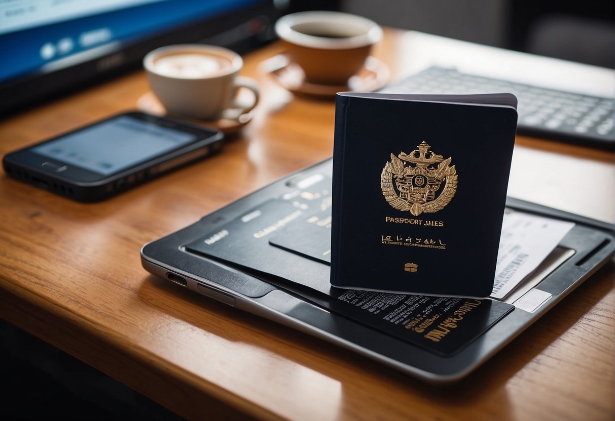 Passport, boarding pass, and suitcase on a table. Japan Airlines website open on a laptop. Phone showing international flight confirmation