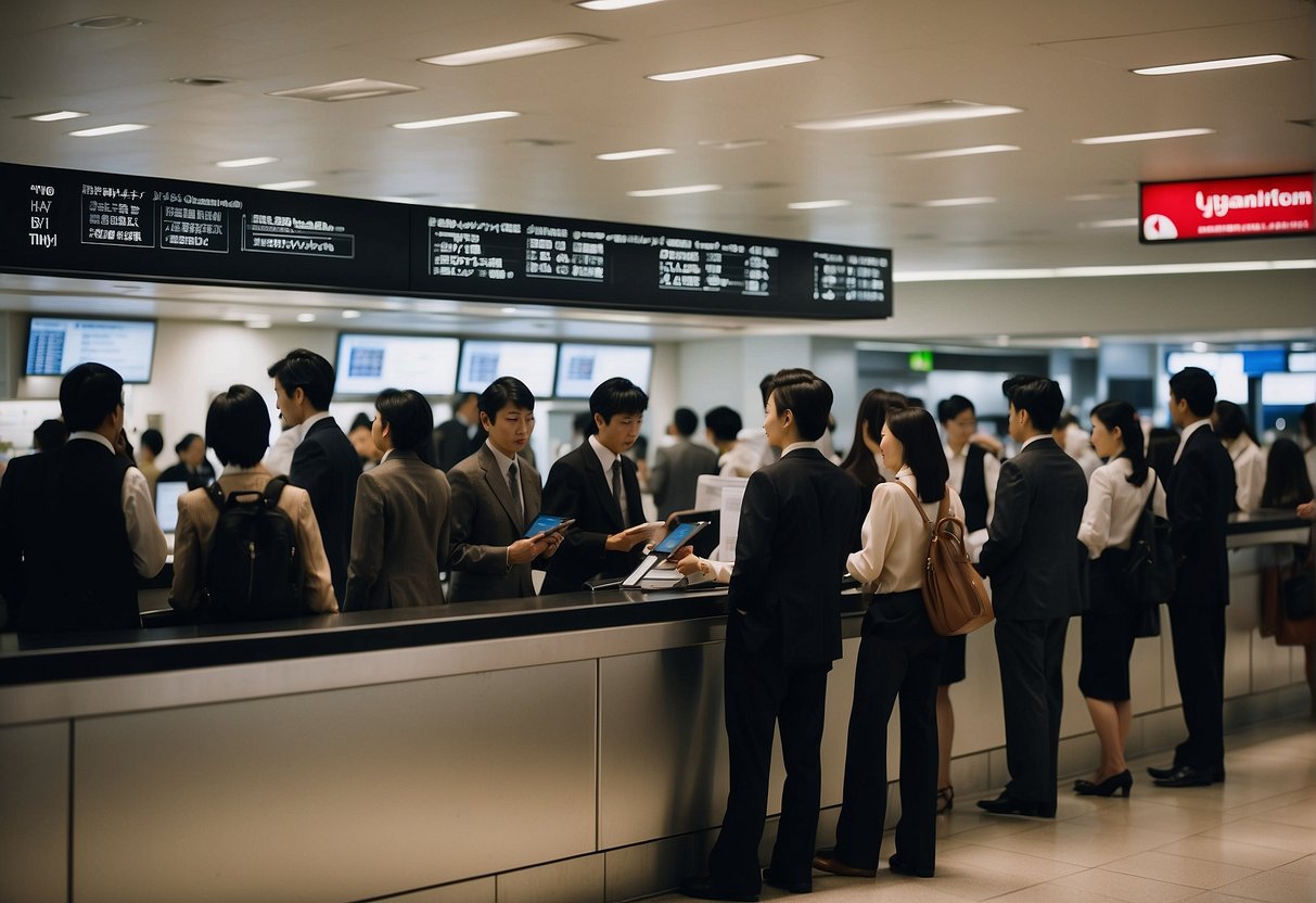 People waiting in line at a Japan Airlines booking counter, with a sign displaying "Frequently Asked Questions for international flights."