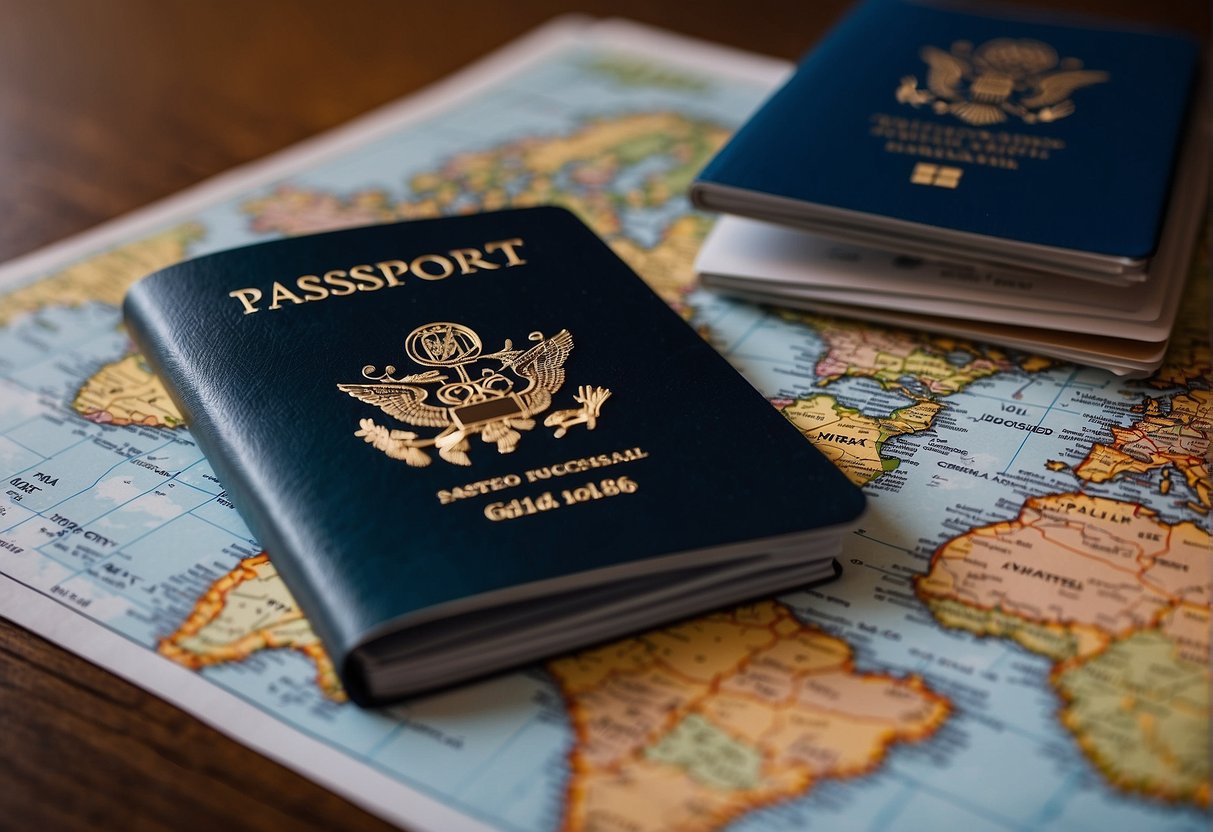 Passports, boarding passes, and luggage arranged on a table. A world map and travel guides in the background