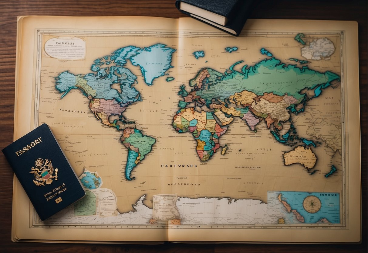 Passports, visas, and travel itineraries laid out on a desk with a world map in the background
