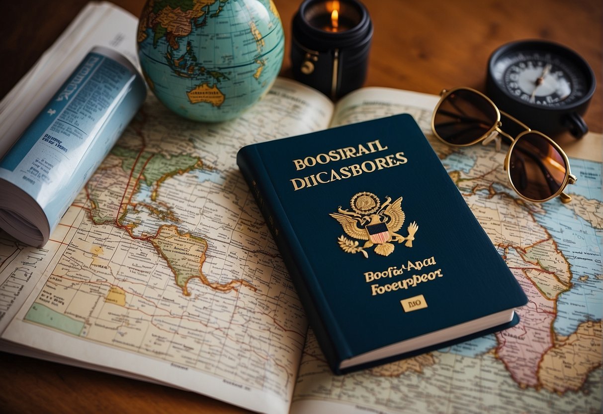 Travel guidebook open on a desk with maps, passports, and language dictionaries scattered around