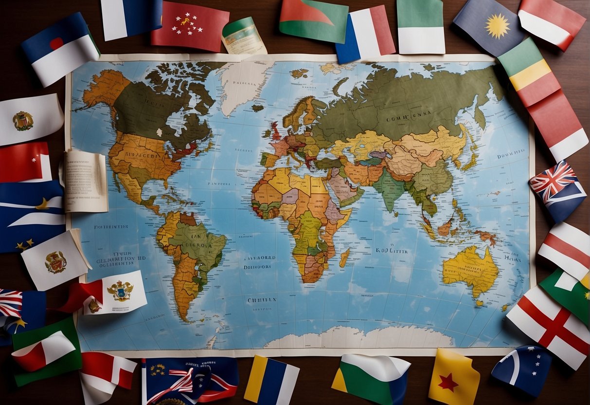 A world map with various country flags, a passport, and a list of common travel questions
