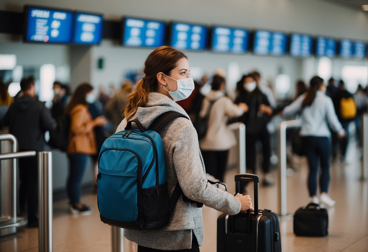 Passports, boarding passes, and luggage at airport security checkpoint. Travelers waiting in line with face masks and social distancing