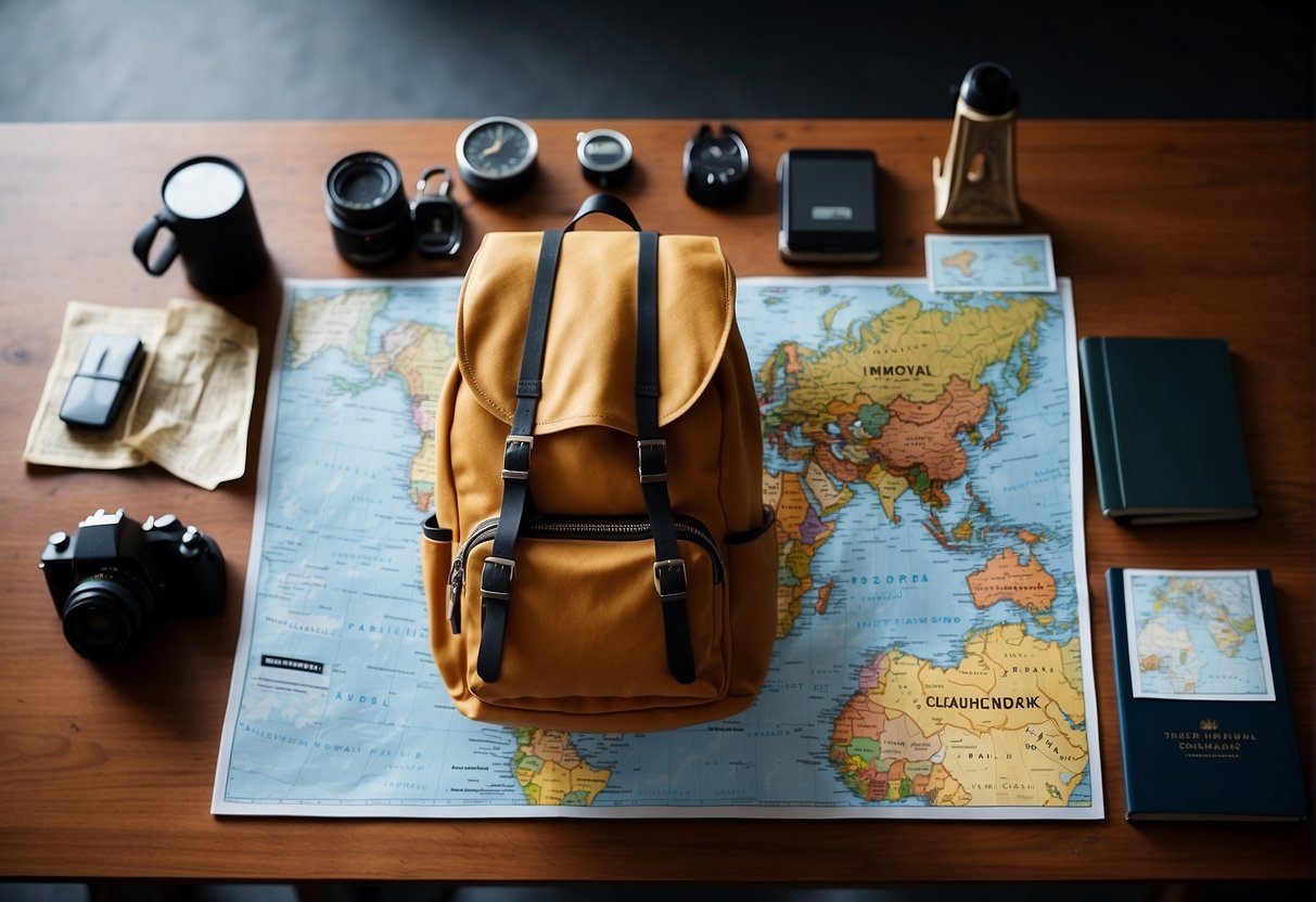 A world map with highlighted destinations, a passport, and a backpack with travel essentials laid out on a table