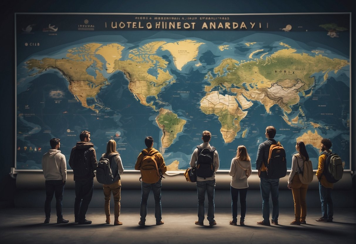 A group of solo travelers from different countries gather around a world map, exchanging stories and tips for international travel