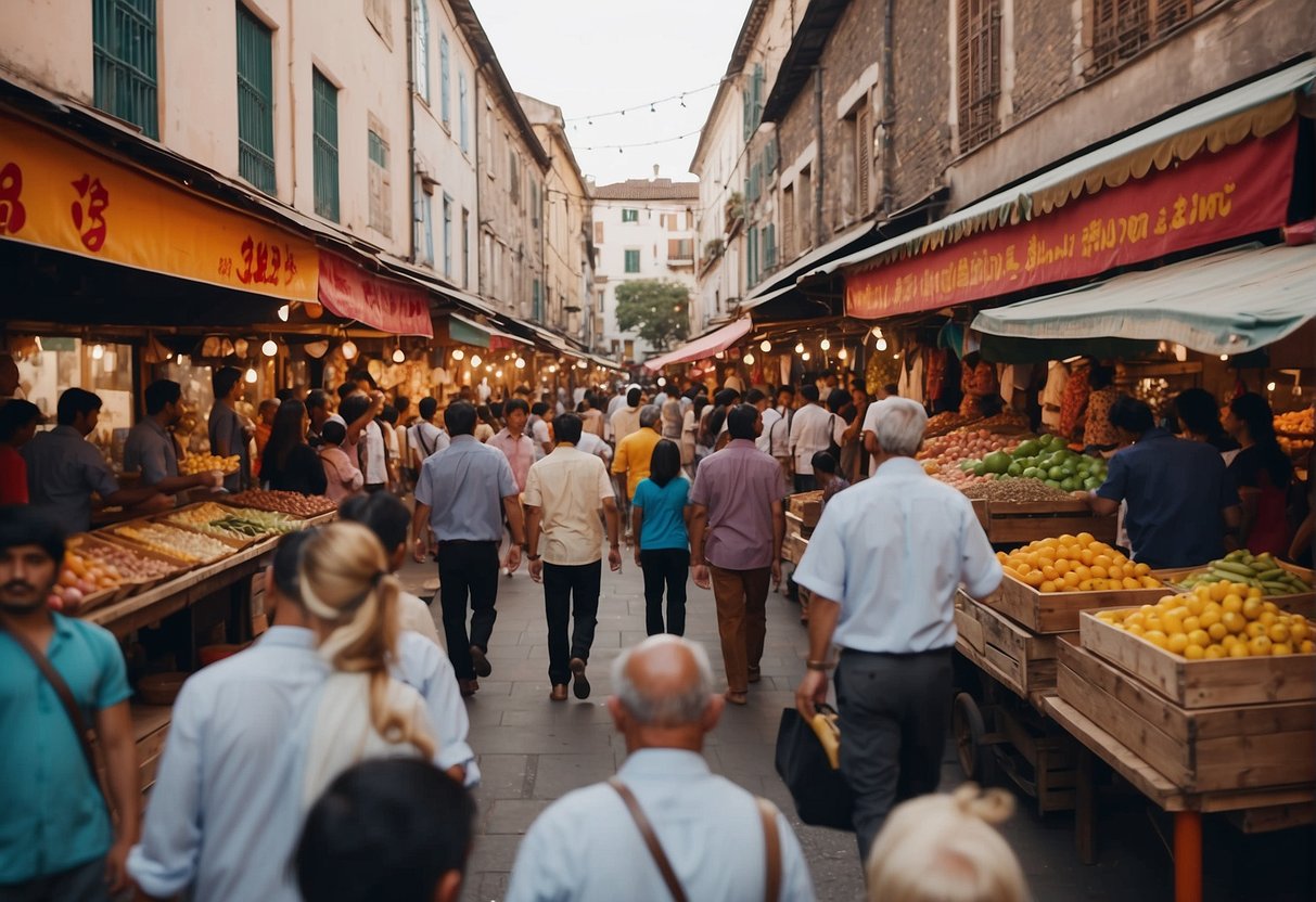 Vibrant market stalls, historic landmarks, and colorful street art fill the bustling city streets, while traditional music and dance performances entertain travelers from around the world