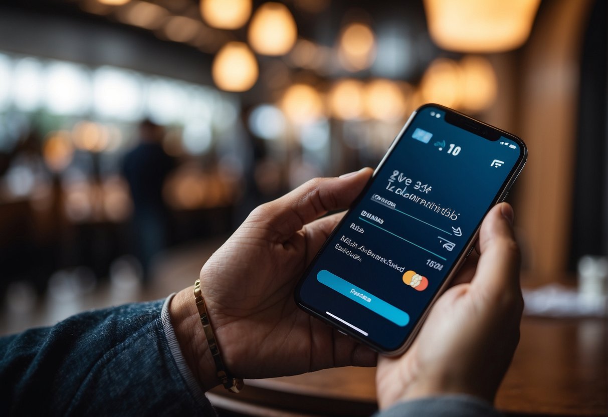 A person using a smartphone to manage finances and use a debit card for international travel