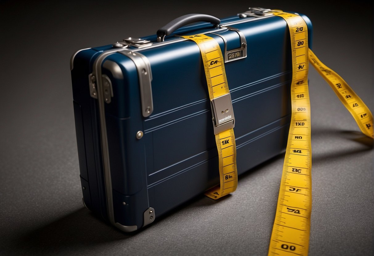 A suitcase measuring 22 inches in length, 14 inches in width, and 9 inches in height, with a weight limit of 40 pounds, is being measured by a tape measure