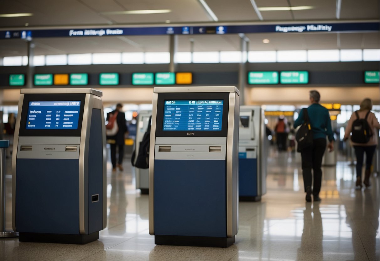 Passengers measure carry-on bags at airport check-in counters. Signs display airline-specific policies for international travel. Dimensions are checked