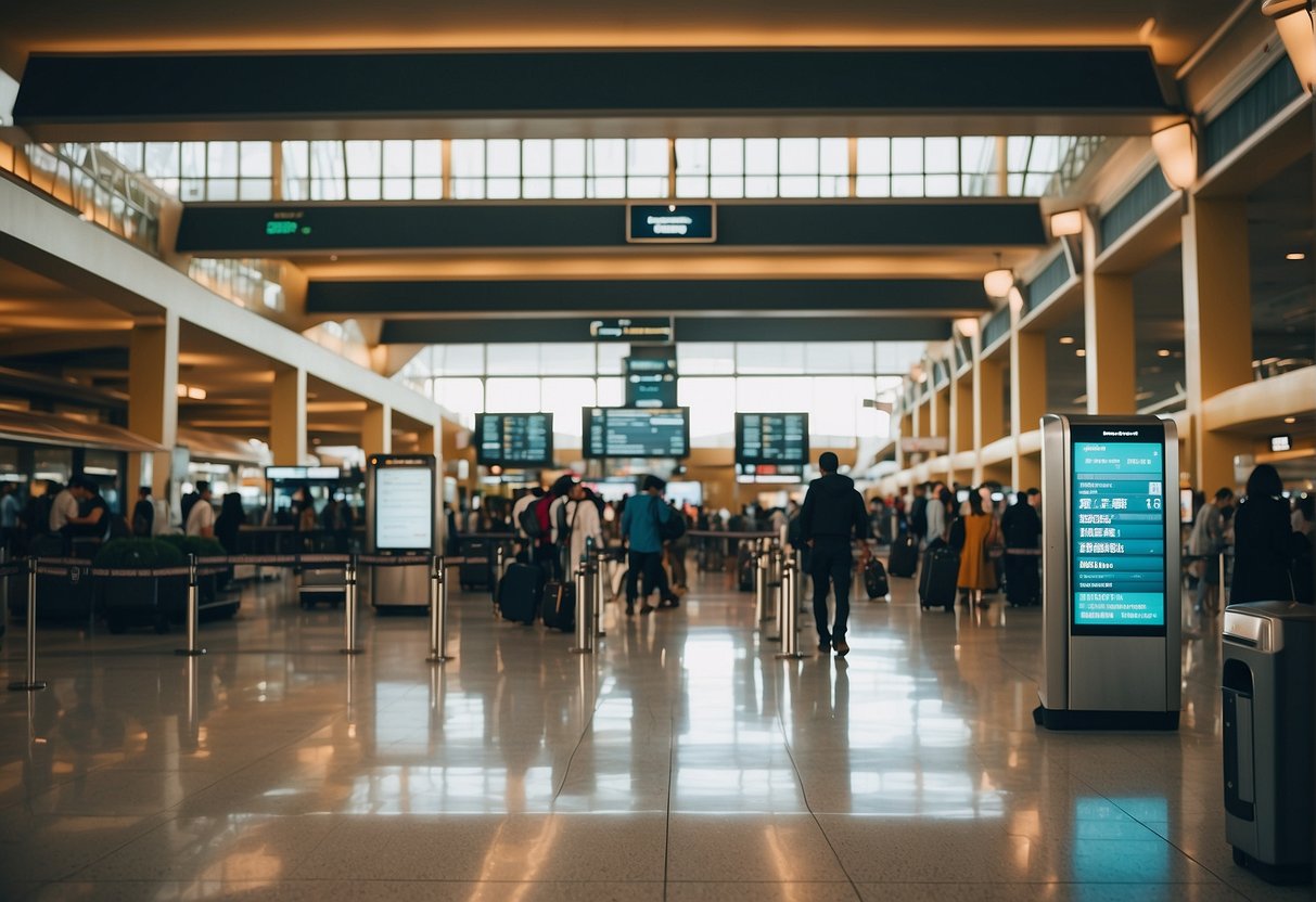 A bustling airport terminal with diverse travelers, luggage, and departure boards, surrounded by exotic destination posters and travel agency kiosks