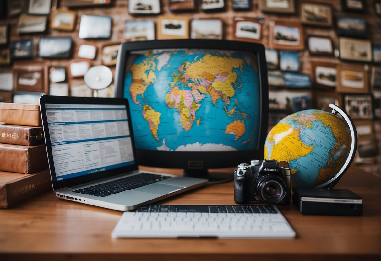 A globe surrounded by suitcases and travel guides, with job listings from around the world displayed on a computer screen