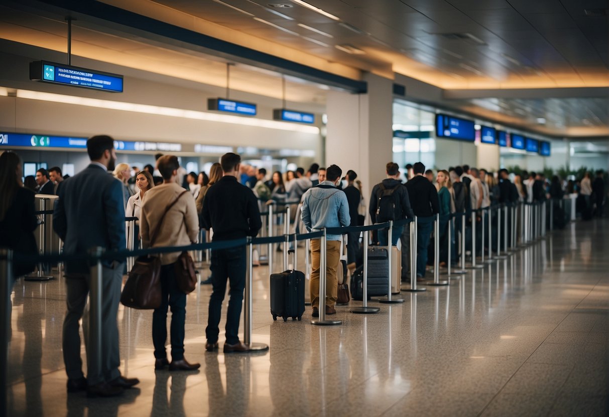 People lining up at airport security, passports in hand, waiting to ask questions about international travel for work