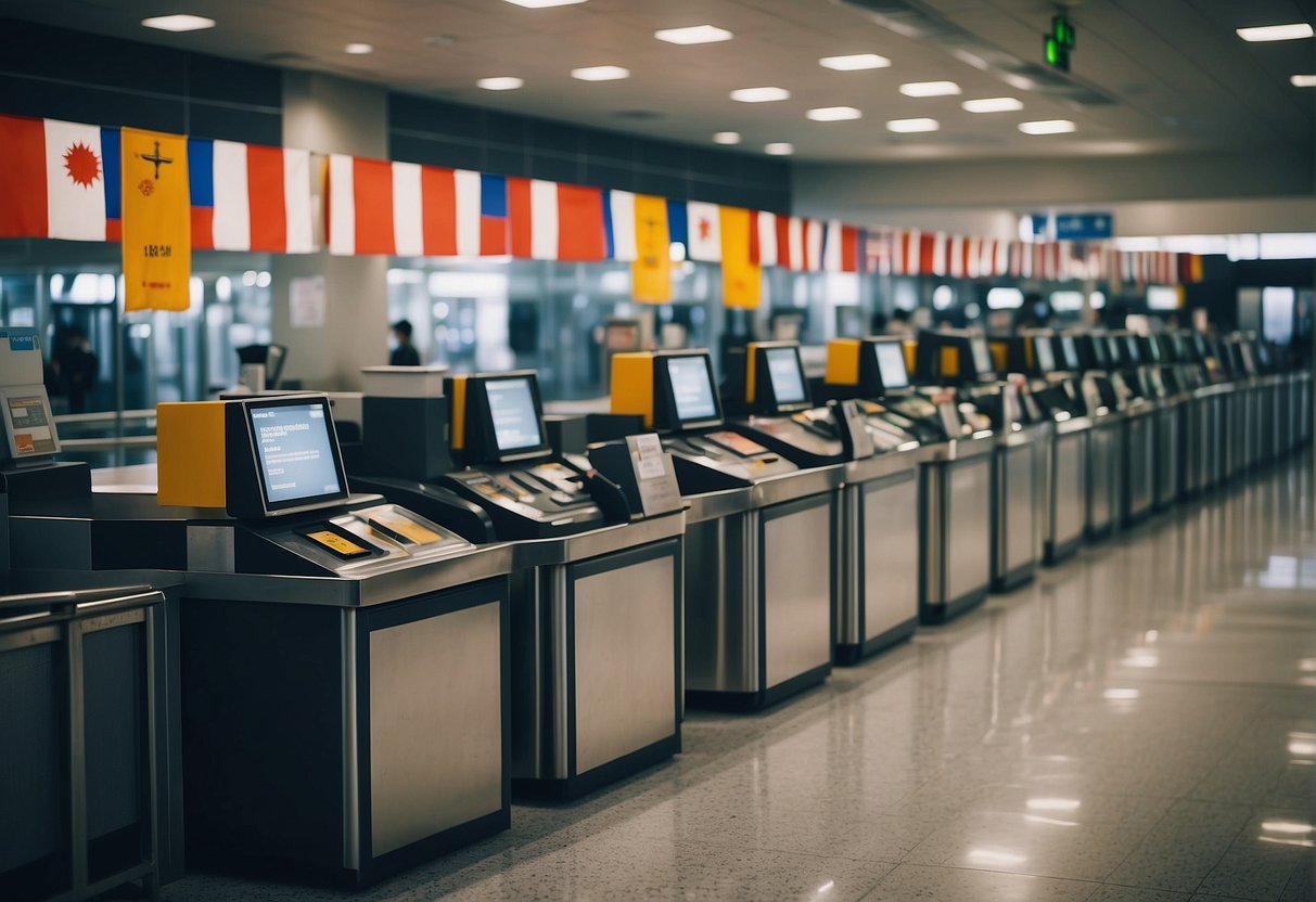 An airport security checkpoint with various international flags, a customs area, and luggage carousels