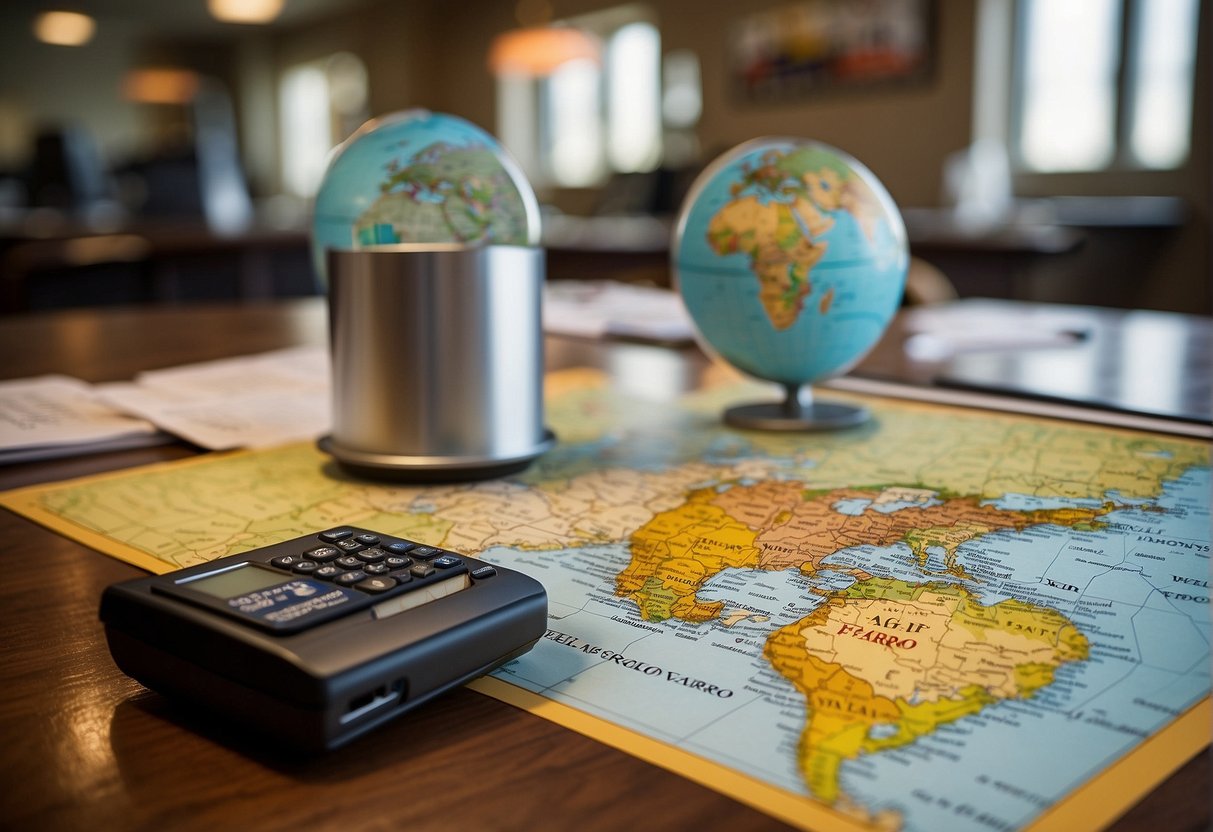 A world map with marked destinations, a passport, and a currency converter on a desk, with a Wells Fargo logo in the background