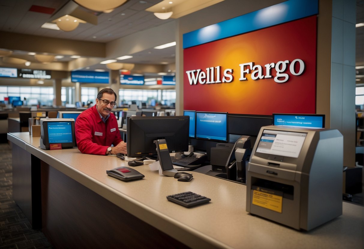 A traveler at an airport desk with a Wells Fargo sign, receiving support services for international travel