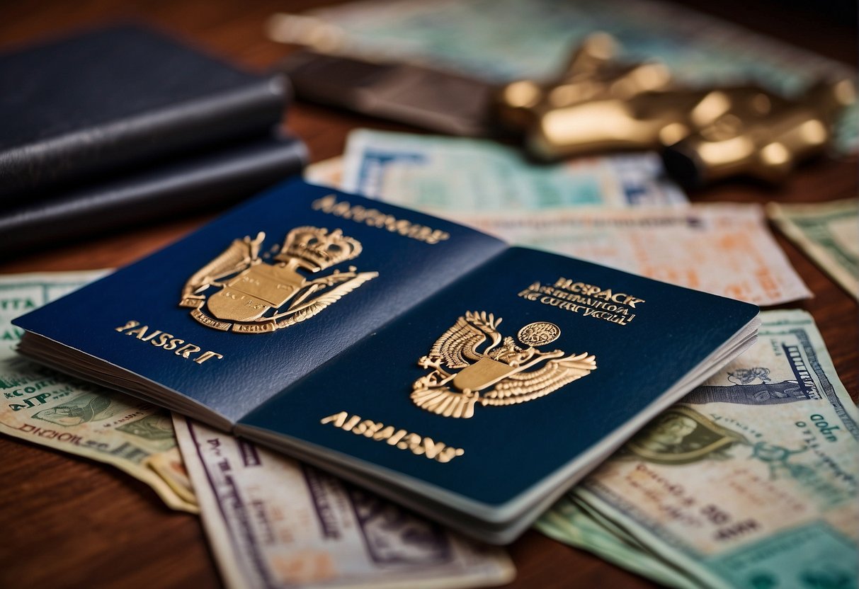 Passports, currency, and a globe sit on a desk. A Wells Fargo travel card is displayed prominently. The scene suggests international travel and financial preparation