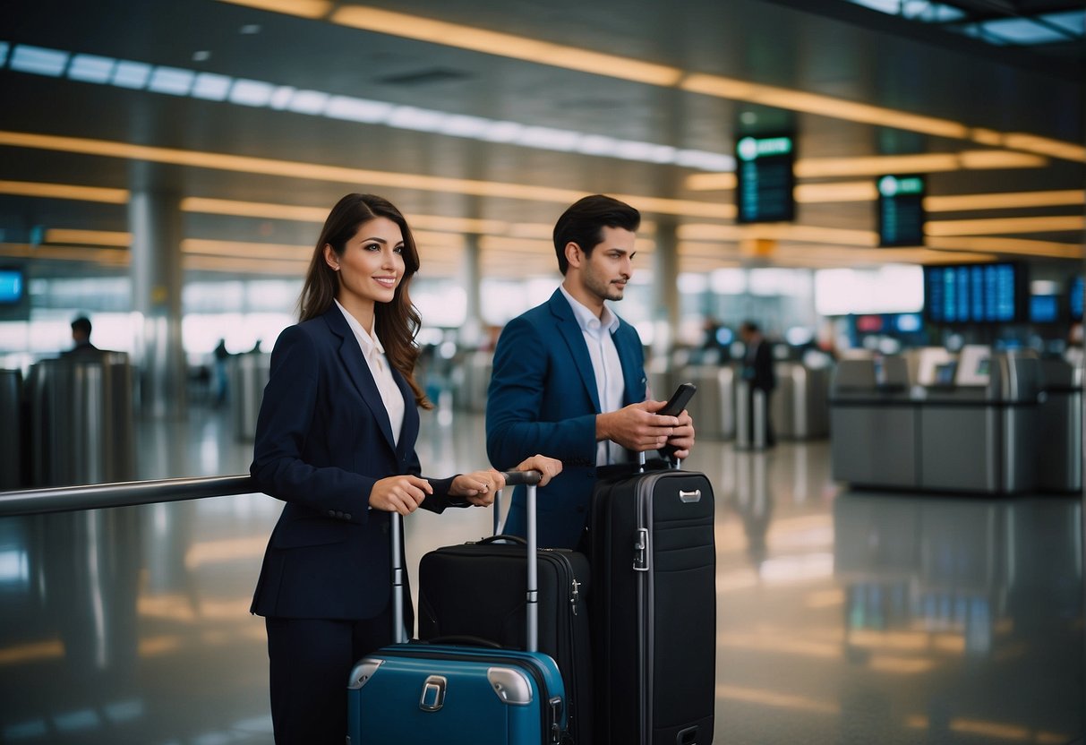 A business traveler with a suitcase and passport at an airport security checkpoint, surrounded by signs for international destinations