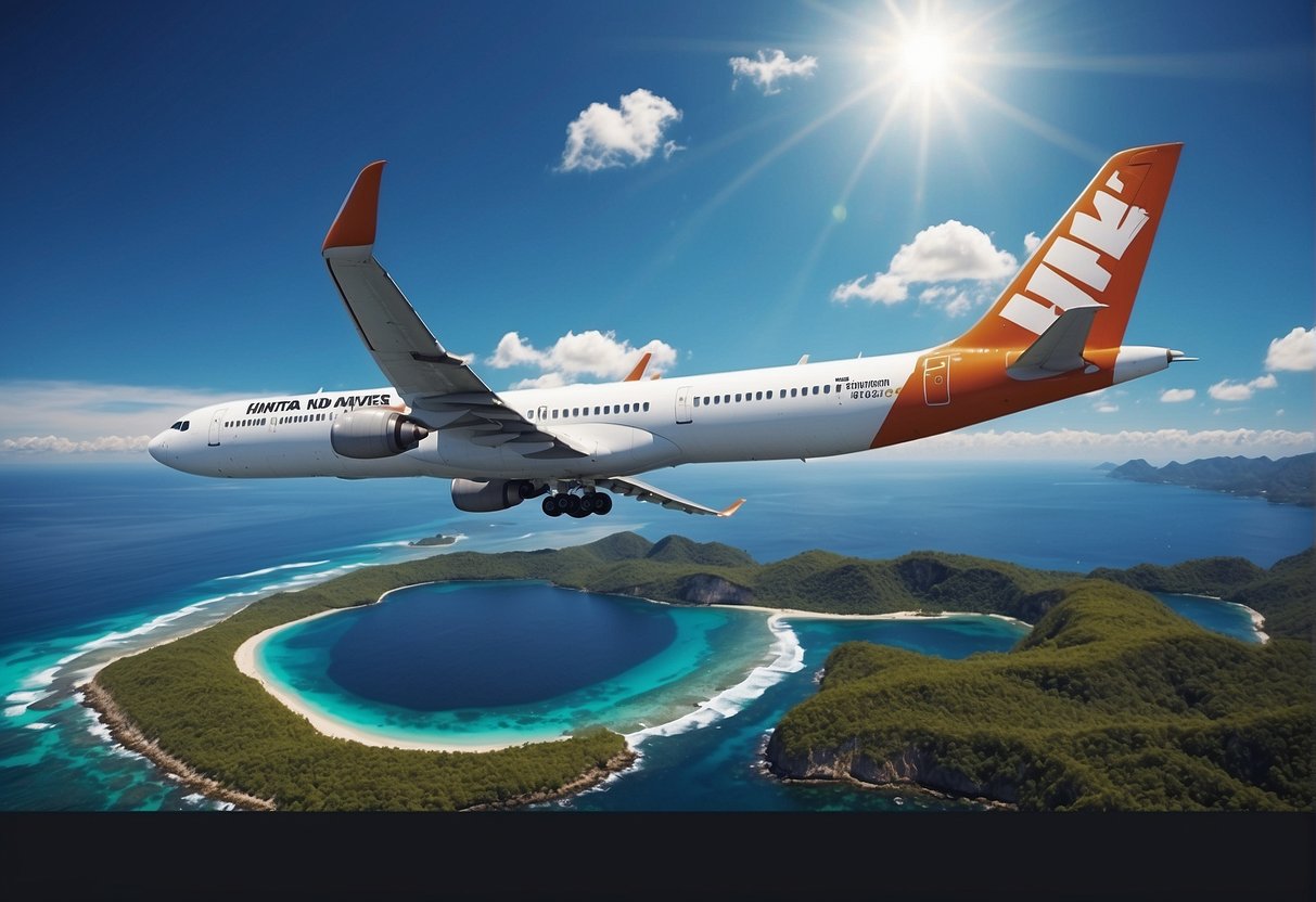 A plane flying over a vast ocean with a tiny island below, a clear blue sky and fluffy white clouds