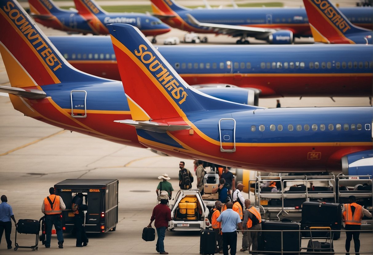 Passengers boarding a Southwest international flight, with planes lined up on the tarmac and airport staff assisting travelers with luggage