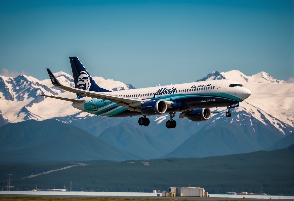 An Alaska Airlines plane takes off from an international airport, with mountains and glaciers in the background