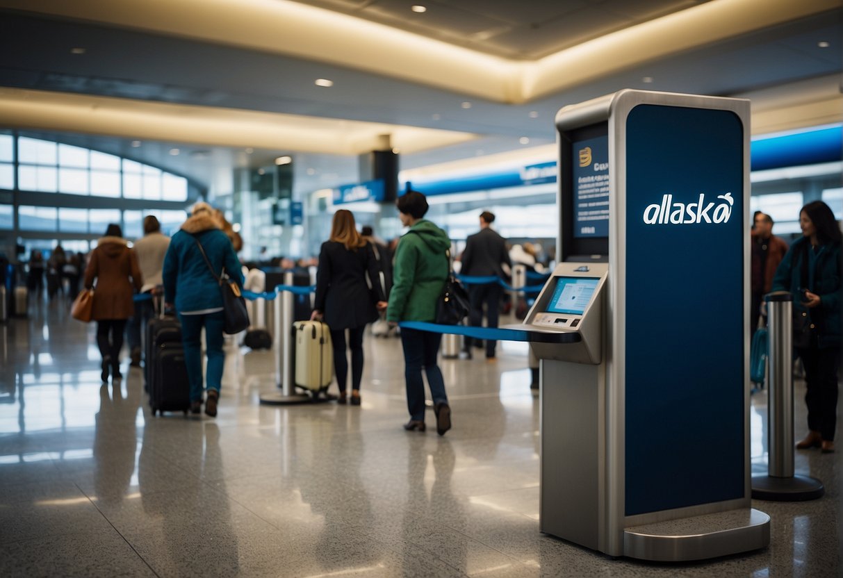 Passengers boarding Alaska Airlines international flights, scanning their frequent flyer program cards at the gate. Luggage being loaded onto the plane