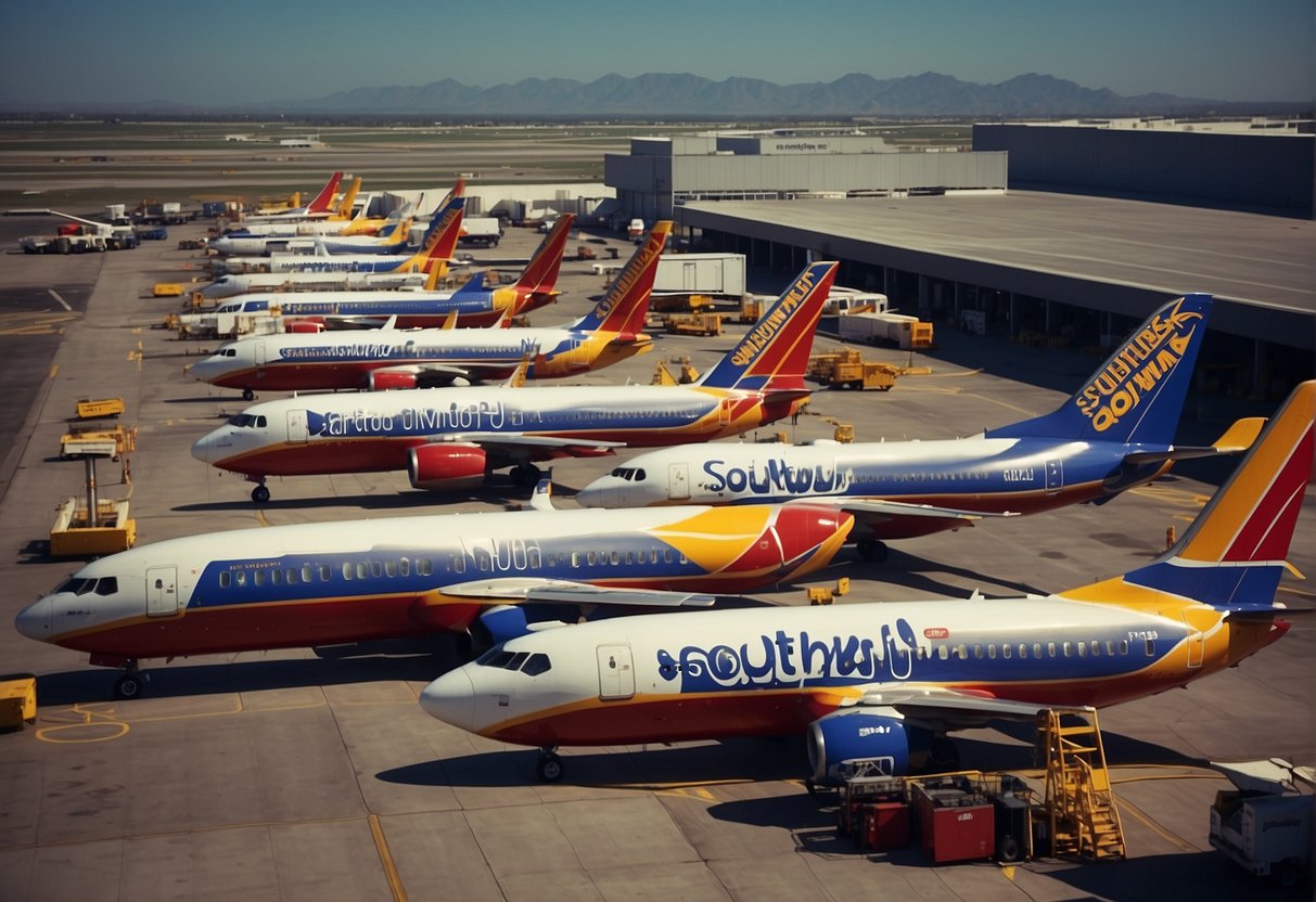 Aerial view of Southwest International Flights with planes parked at gates and ground crew servicing aircraft