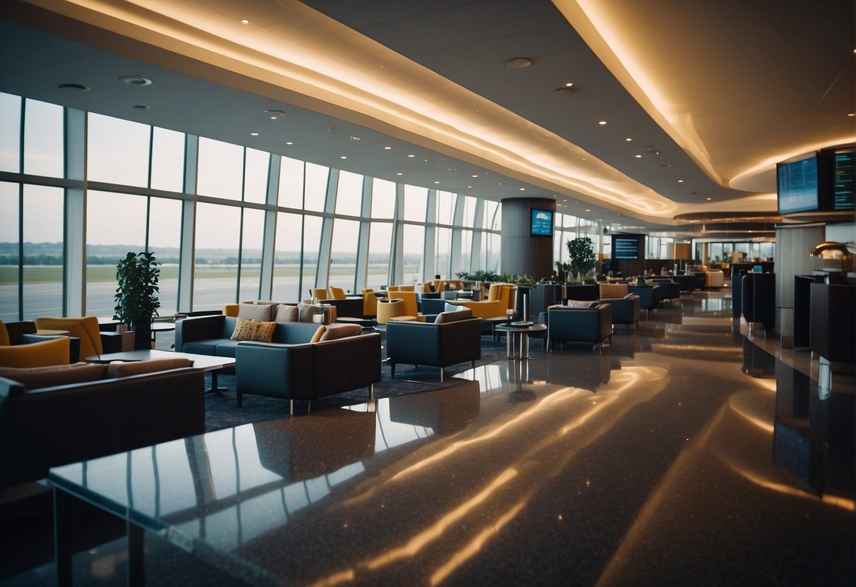 An airport lounge with comfortable seating, a variety of food and drink options, and a view of the runway. An airplane cabin with spacious seating, entertainment screens, and attentive flight attendants