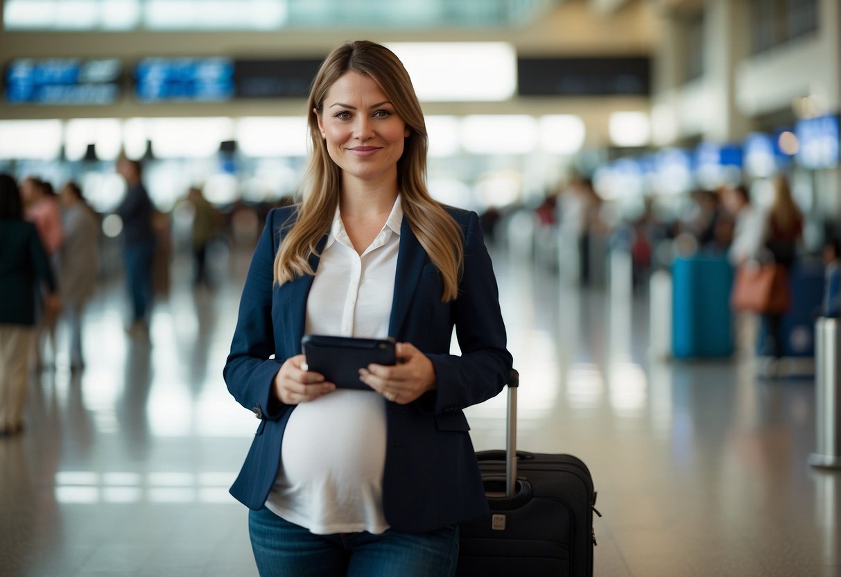 A pregnant woman checks in at an airport, carrying a passport and suitcase, with a world map in the background