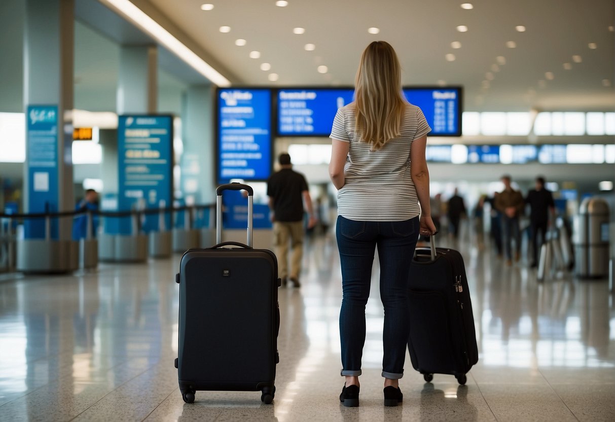 A pregnant woman with a suitcase stands at an airport, looking at a sign for international flights. A doctor's note is visible in her hand