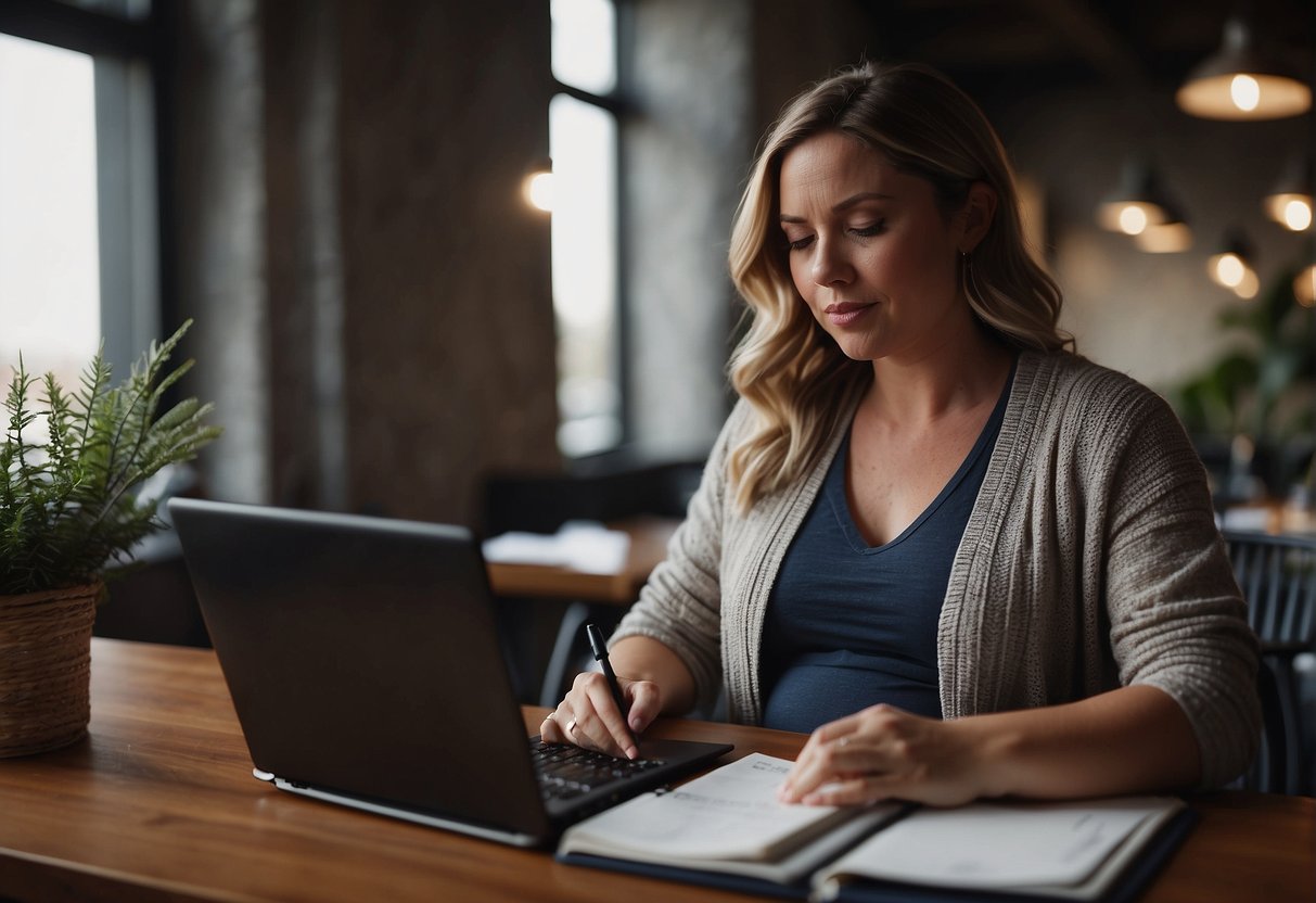 A pregnant woman sits at a desk, writing in a journal. A laptop and travel documents are spread out in front of her. She looks thoughtful and focused