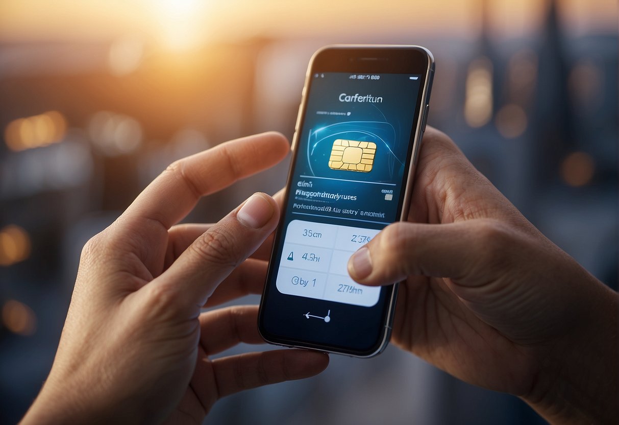 A person inserts an esim card into a smartphone while receiving technical support for international travel