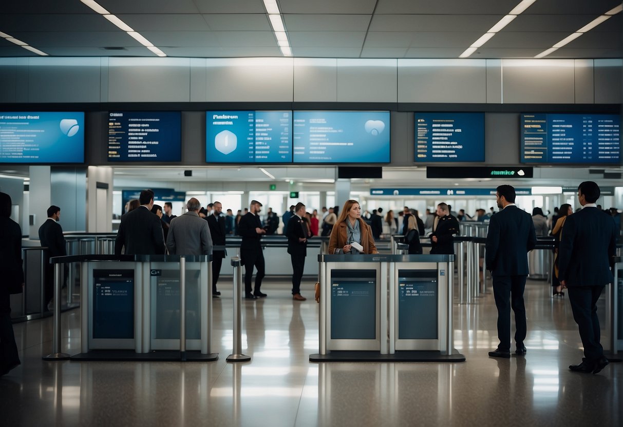 Passengers going through security at an airport, with electronic devices and personal belongings being scanned and inspected by security personnel