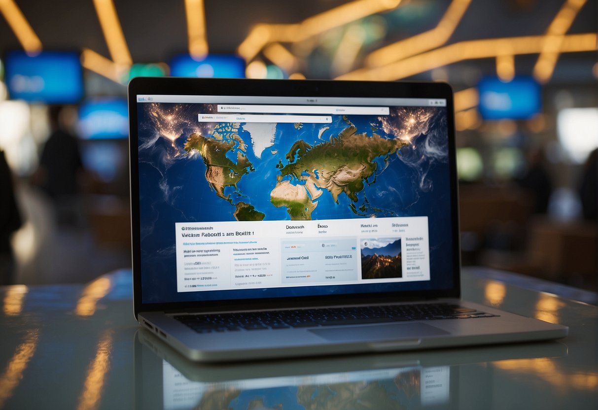 Passengers browsing a website on a laptop, with a globe in the background. Flight destinations and prices displayed on the screen