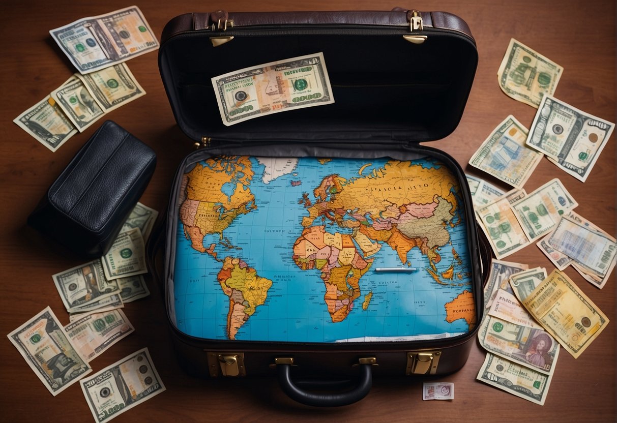 A suitcase with travel stickers sits open, surrounded by a passport, map, and foreign currency