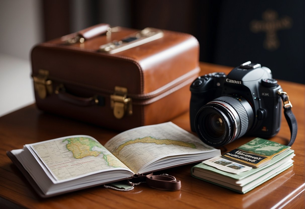 A suitcase packed with clothes, a passport, and a map on a table. A camera and travel guidebook next to it