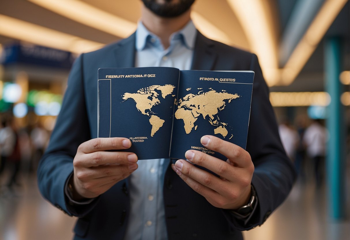 A traveler holding a passport and boarding pass, with a map and language translation book in hand, standing in front of a sign with "Frequently Asked Questions tips for international travel" written on it