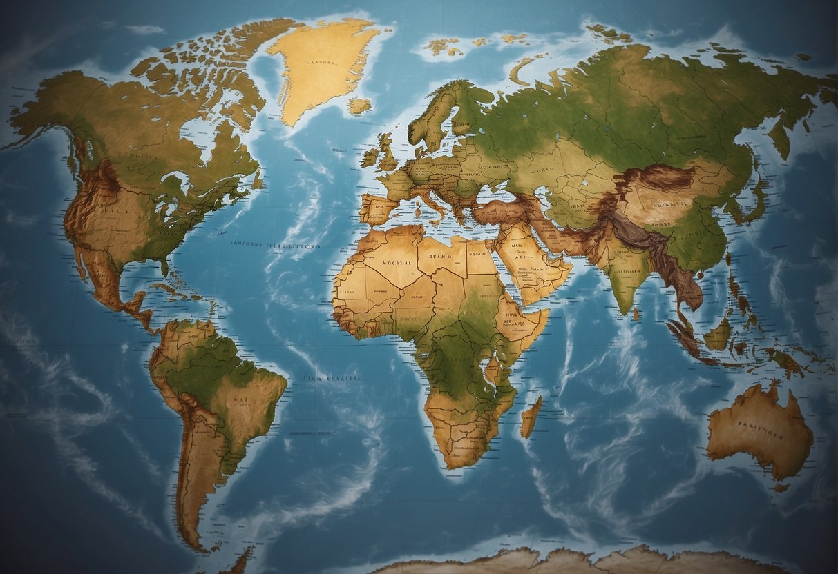 A world map with highlighted countries and travel routes