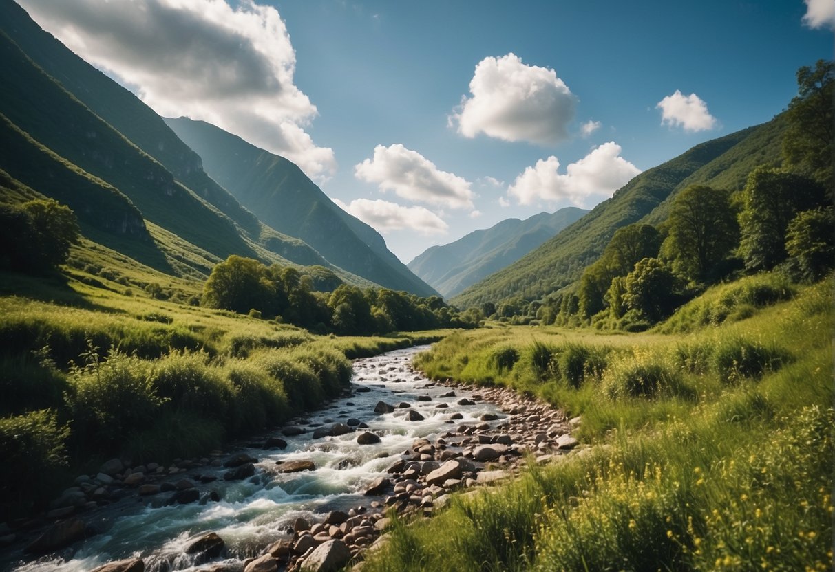 Lush green mountains, a flowing river, and a clear blue sky with birds soaring overhead. A winding trail leads through the landscape, inviting exploration