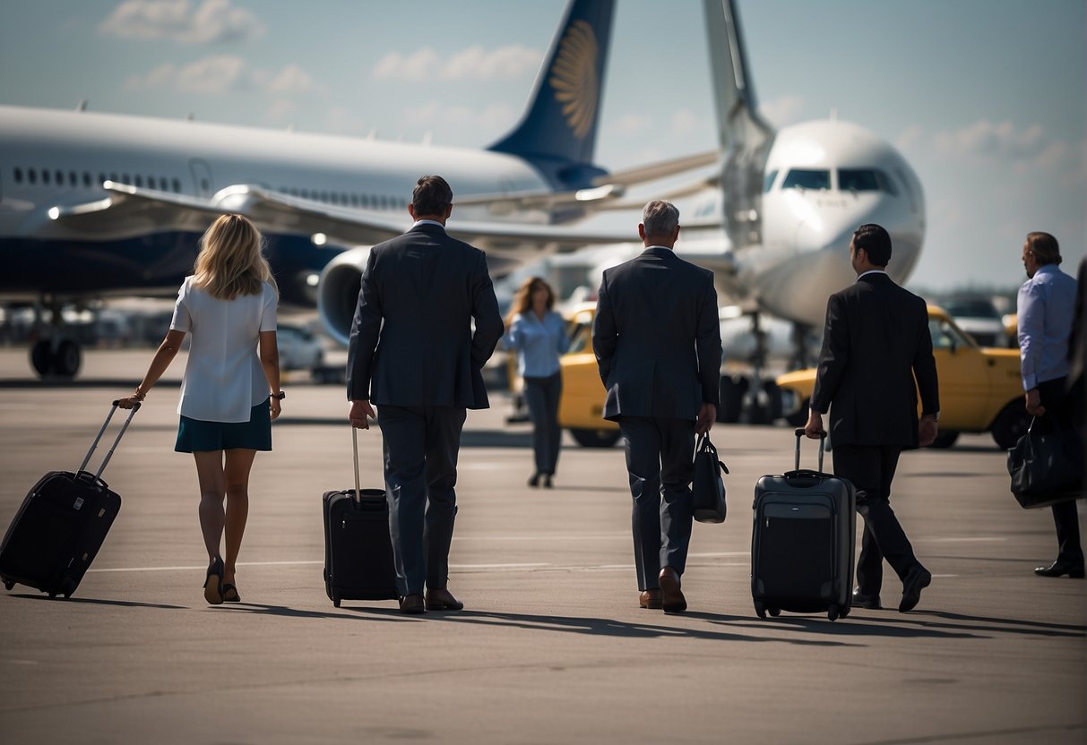 Passengers board planes at a busy airport, with planes taxiing on the runway and ground crew directing traffic