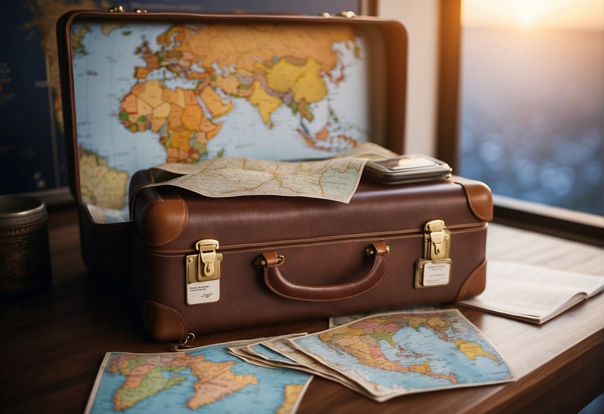 A suitcase with travel stickers, a passport, and a map on a table