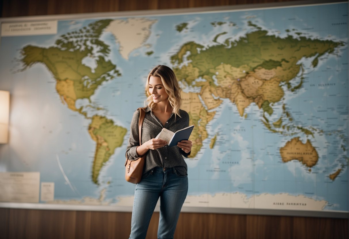 A traveler holding a passport and boarding pass, standing in front of a world map with destinations marked, while talking to an insurance agent