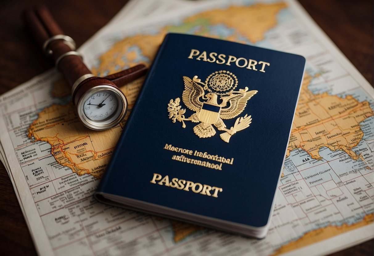 A passport, airplane tickets, and a travel guidebook lay on a table next to a AAA membership card. The card is surrounded by symbols representing international travel, such as a globe and a suitcase