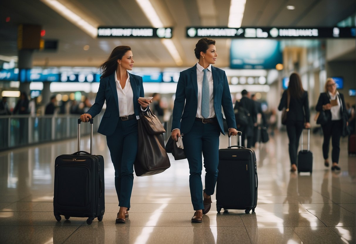 Business travelers with luggage, passports, and boarding passes in a busy airport terminal. Signs for international travel insurance visible