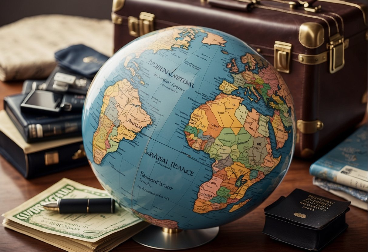 A globe surrounded by travel-related items like a suitcase, passport, map, and airplane tickets, with the words "Frequently Asked Questions aaa international travel insurance" displayed prominently