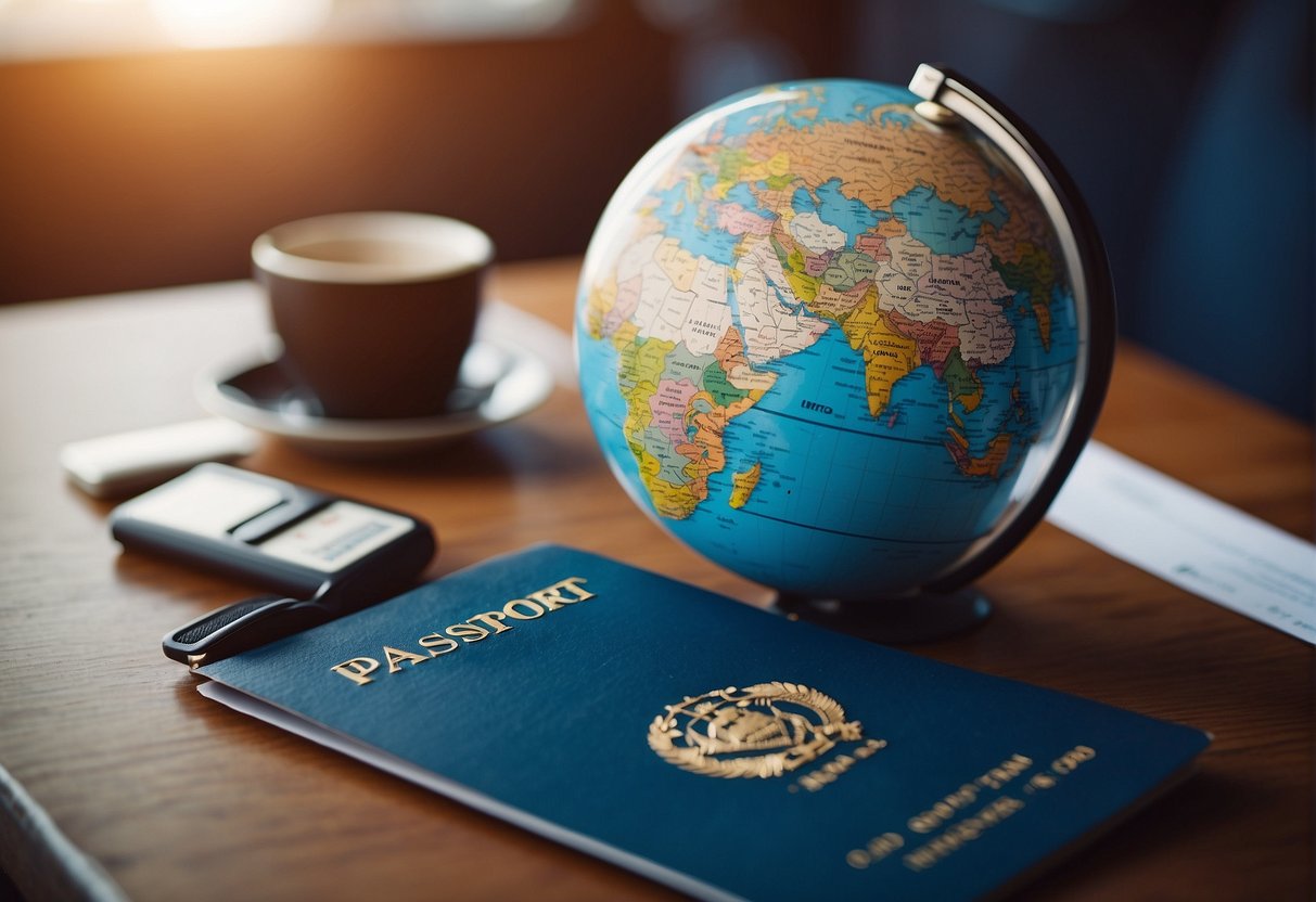 A passport, a boarding pass, and a globe on a desk