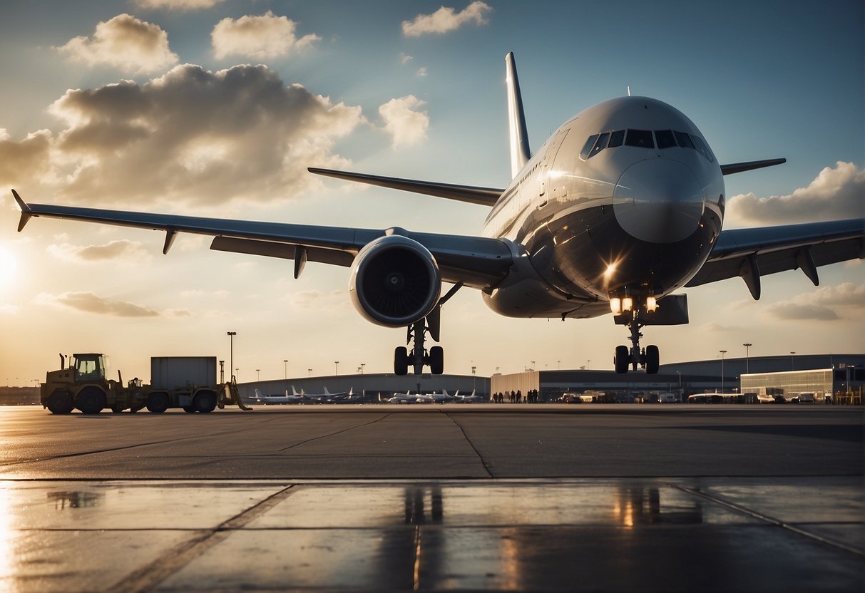 A plane lands on a runway with a backdrop of a bustling airport terminal and ground crew preparing for the next flight