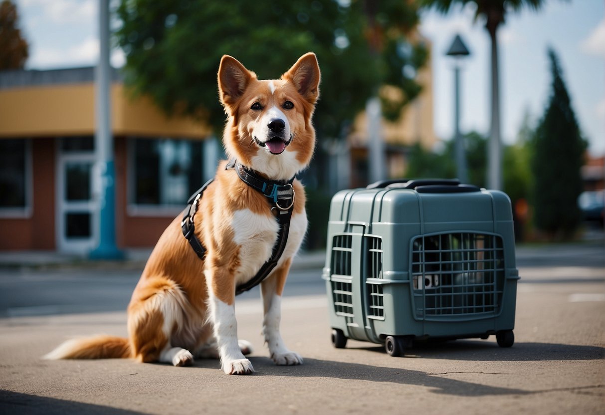 A dog wearing a harness and leash stands in front of a veterinarian's office, with a travel crate and water bowl nearby