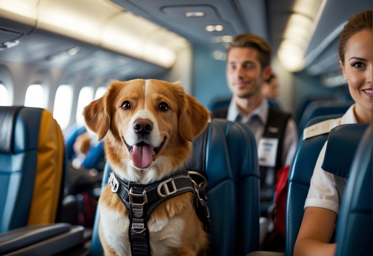 Dogs boarding a plane, wearing travel harnesses and sitting in designated pet areas. Stewardesses assisting with pet carriers. Airport signs indicating pet-friendly facilities